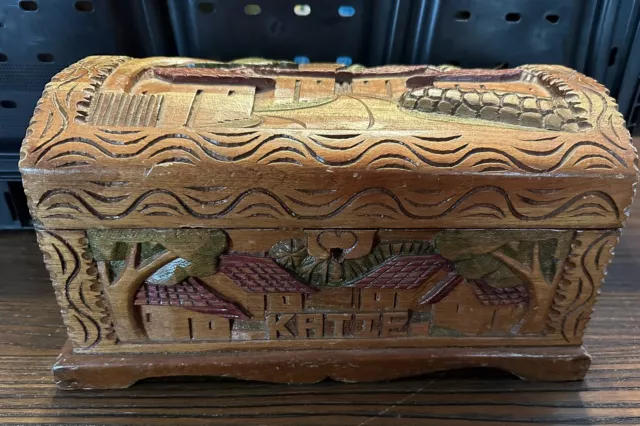 Old Vintage Hand Carved Wooden Asian Chinese Wood Box Chest. Beautiful Detail.