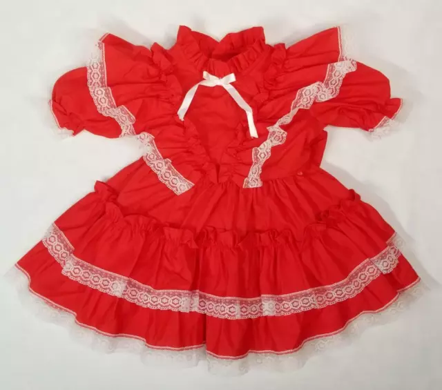 Vintage Little Precious Baby Dress Toddler Size 2 Red Ruffles Lace Frilly 2T