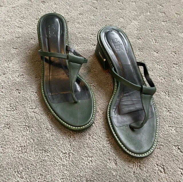 Tibi Dark Green Leather Heeled Thong Sandals Size 37 Made in Italy