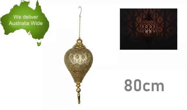 80cm Gold Moroccan Hanging Lantern Tealight Candle Holder Metal Home Decor Gift