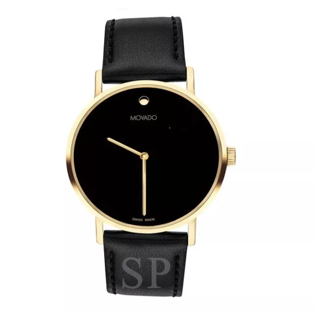 MOVADO Swiss Museum Classic Black Dial Men's Gold Slim Leather Strap Watch