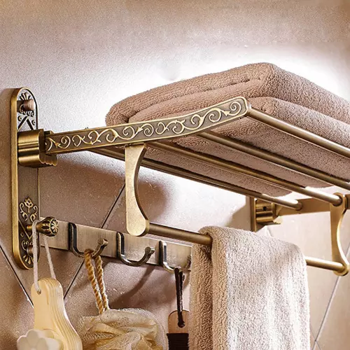 Aluminum Foldable Antique Brass Bath Towel Rack Towel Holder Shelf with Hooks