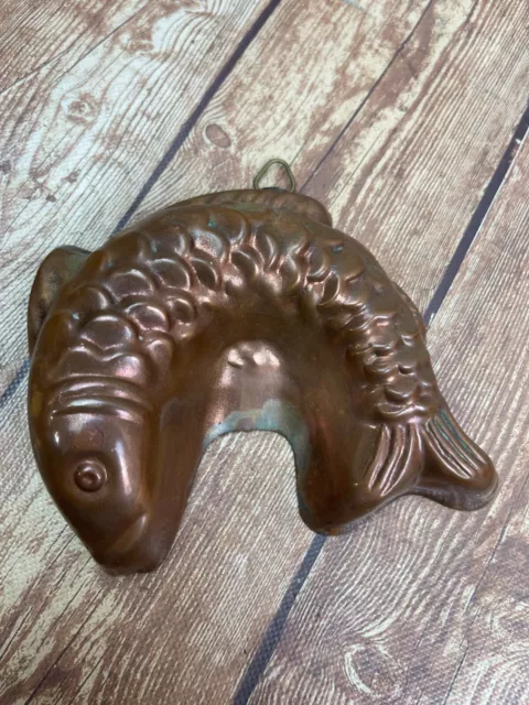 Vintage Large Copper Cake Jello Mold Fish Brass Wall Hanging Kitchen Decor Italy
