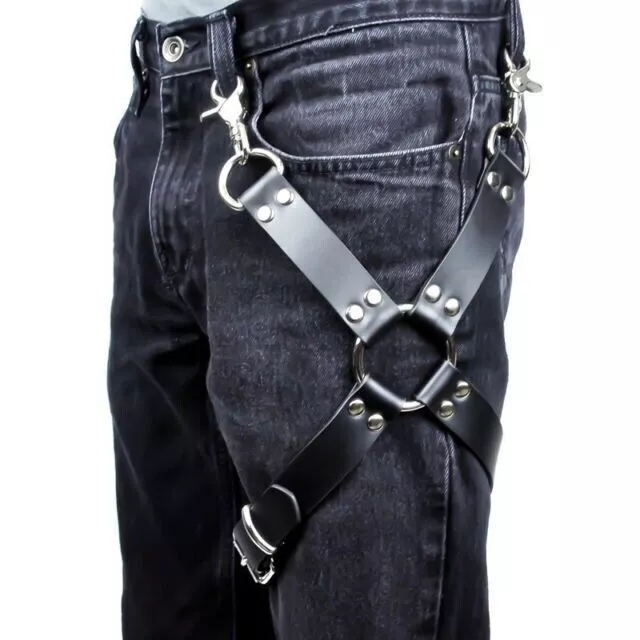 Men Leather Body Bondage Jeans Pants Leg Garter Belt Harness Punk Trouser Strap