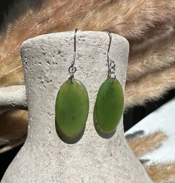 25mm Genuine Canadian Nephrite Jade Oval Drop Earrings on Sterling Silver Hooks