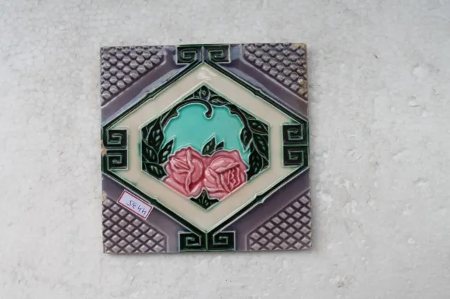 Vintage Tile Art Nouveau Majolica Pink Flower Design Architecture Tile Nh4435