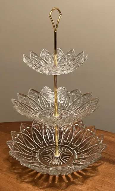 Vintage Federal Glass 3 Tier Serving Tray Clear Petal Pattern with Gold Metal