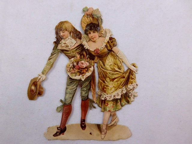 Embossed Victorian Die-Cut Young Girl & Boy Bowing Flowers Fancy Dress CD79