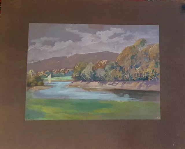 ::Aquarell Monog.ak 1914Flusslandschaft Am Tal Berge Wälder Wiesen Landhausstil