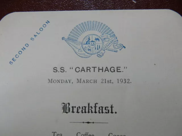 P&O  Ss Carthage     Art Deco  Menu  Card