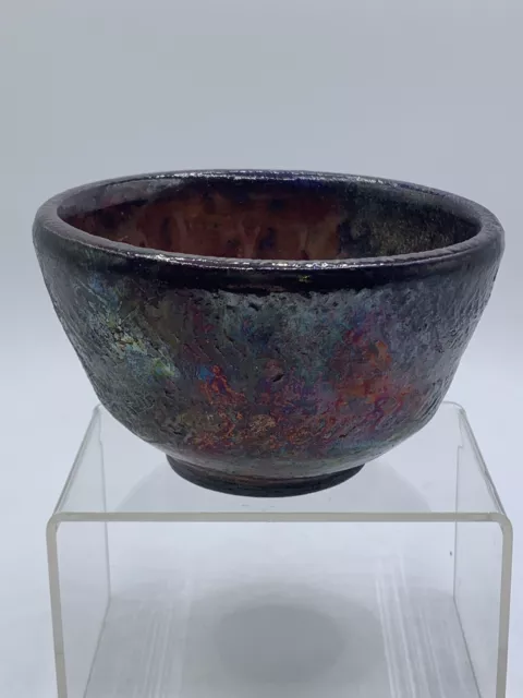 Raku Fired Iridescent Bowl Glazed Studio Art Clay Pottery Handmade Signed.