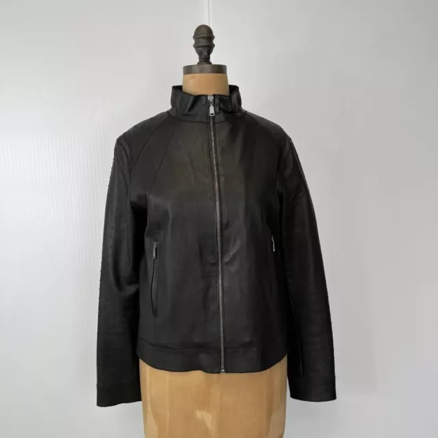 Elie Tahari Jacket Women Medium Lamb Soft Leather Zip Pocket Moto Coat Cruise +