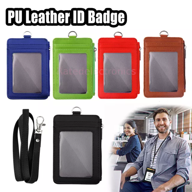 Leather ID Card Holder Vertical badge Wallet Multiple Slots Neck Strap Lanyard