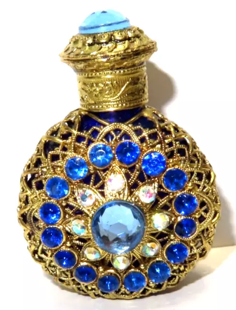 Czech Perfume Bottle Cobalt Blue Glass Enamel Gold Filigree with Rhinestones