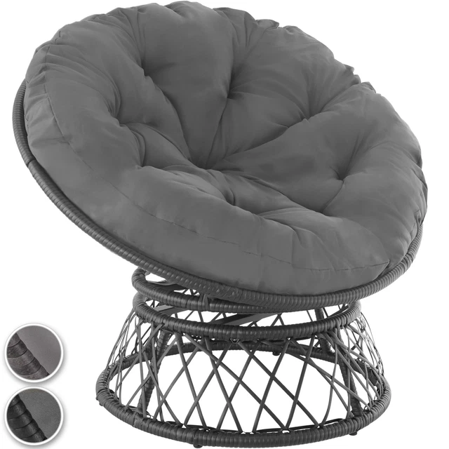 Fauteuil Rond Papasan en Poly Rotin 1 Place Pivotant à 360° Grand Coussin Épais