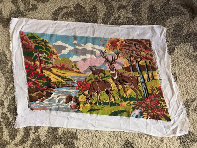 Large vintage tapestry finished doe deer stag forest stream alpine 67cm x 40cm