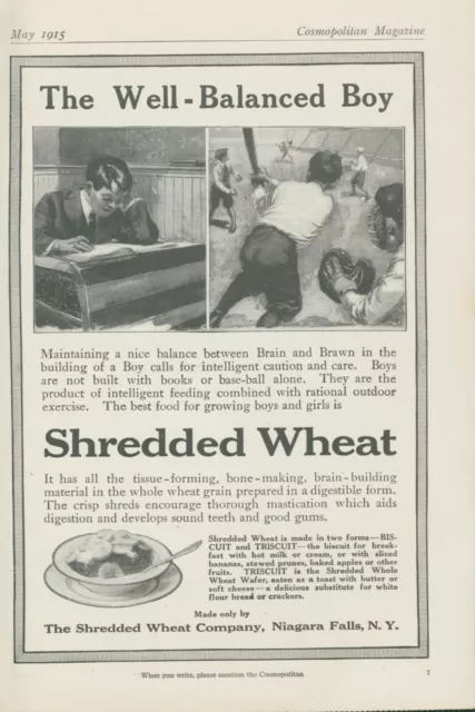1915 Shredded Wheat Balance Brain Brawn Baseball Game Student Vtg Print Ad CO1