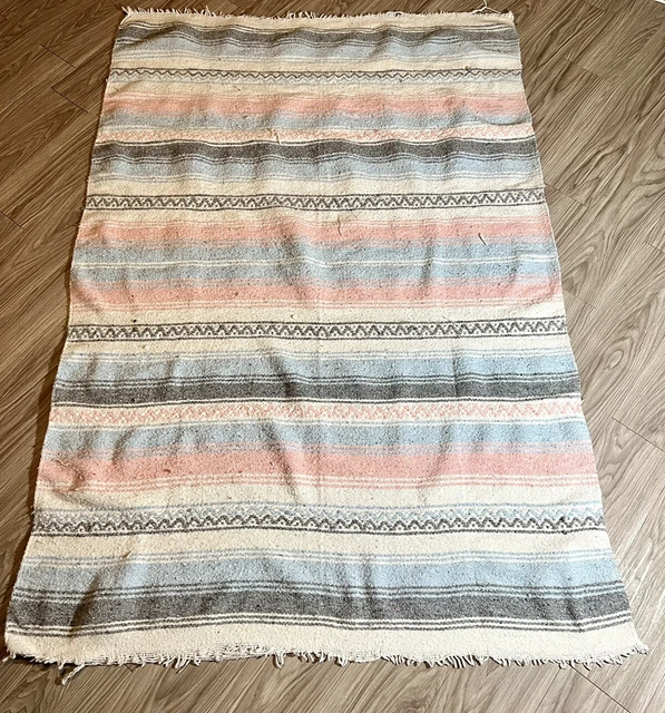 Mexican Blanket Pink White Blue Falsa Saltillo Serape Yoga 66” X 45”