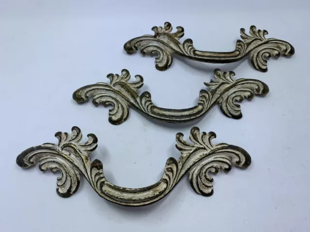 Victorian drawer handles ORNATE lot of 3 Brass Antique Salvage 6" XL White paint