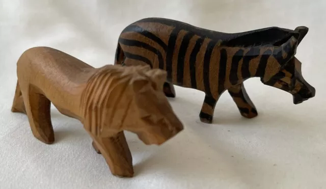 Wood Carved Lion & Zebra 2.5" Long X 1" High Handmade Miniature