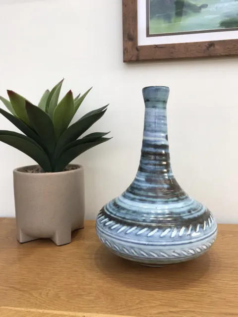 Mid Century Studio Pottery Bottle Vase Hand Painted Incised Pattern Blue Glaze