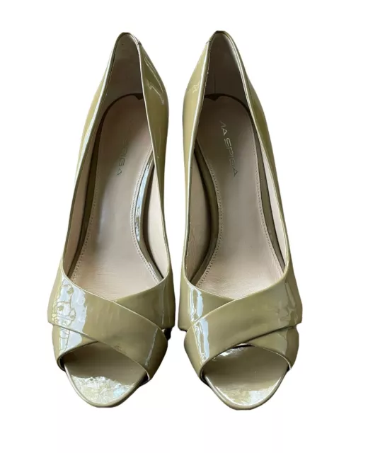 Via Spiga Shoes Beige Heels Pumps Peep Toe Patent Leather Crisscross Size 9