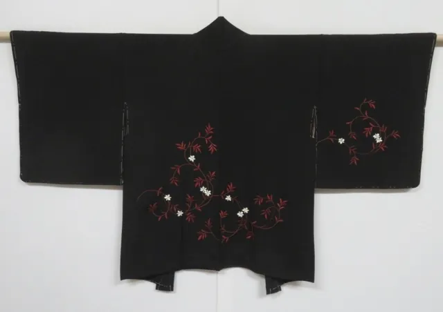 0201N02z550 Unused Japanese Kimono Silk HAORI Black Flowers Embroidery