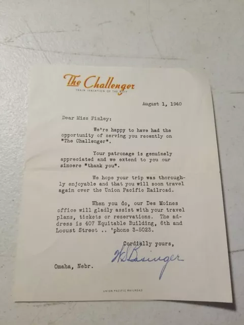 Vintage Union Pacific Railroad - The Challenger - Letter Of Appreciation 1940