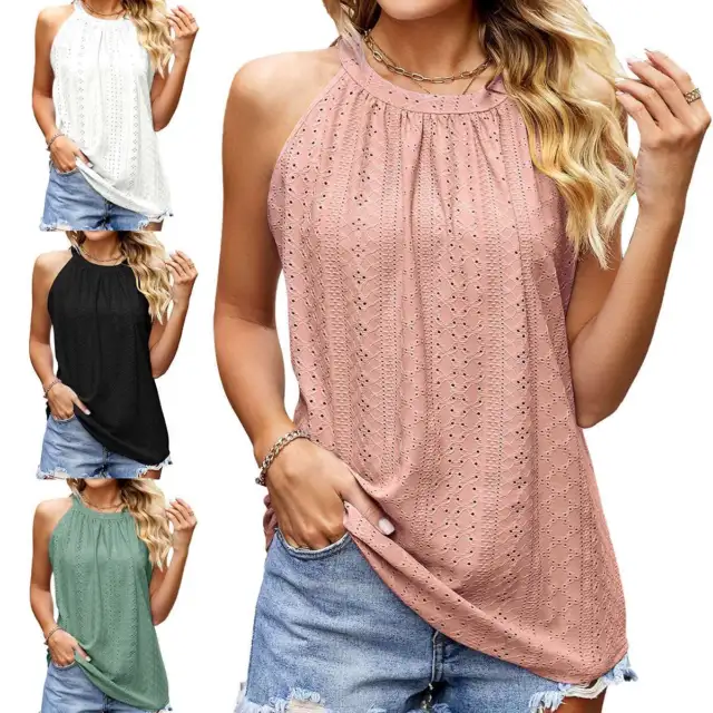 Women Tank Tops Loose Fits Summer Lace Halter Neck Tops Sleeveless Shirts S~2XL