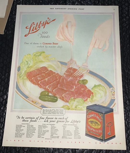 LIBBYS CORNED BEEF Food Grocery Ad 1928 Tin Can Logo Country Store £4.