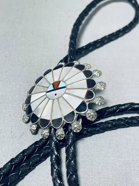 Superb Vintage Zuni Inlay Turquoise Mother Of Pearl Sterling Silver Sunface Bolo