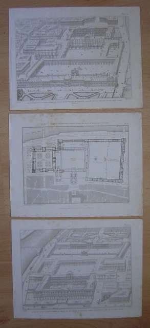 Lot de 3 grandes gravures vers 1830 du LOUVRE et des TUILERIES Plan Vue aérienne