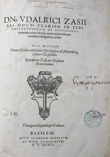 Recht Sammelband Zasius 3 Frühe Werke Druckermarken Basel Isengrin Emmeus 1532
