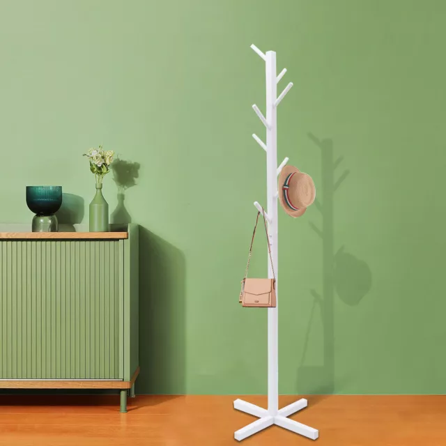 Wooden Coat Rack Stand Hall Tree Entryway Organizer + 8 Hooks Anti-slip Pad