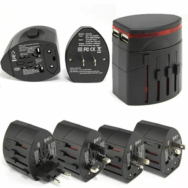 World Wide Travel Adapter US UK EU AU Universal Multi Plugs Charger 2 USB Ports