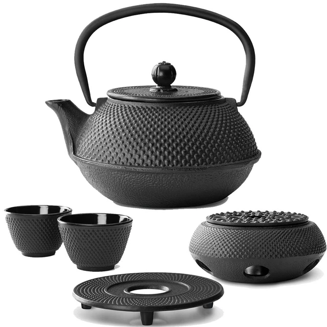 Asia Tee Set Teekanne Teesieb 2 Becher Stövchen Untersetzer Gußeisen 0,8 L
