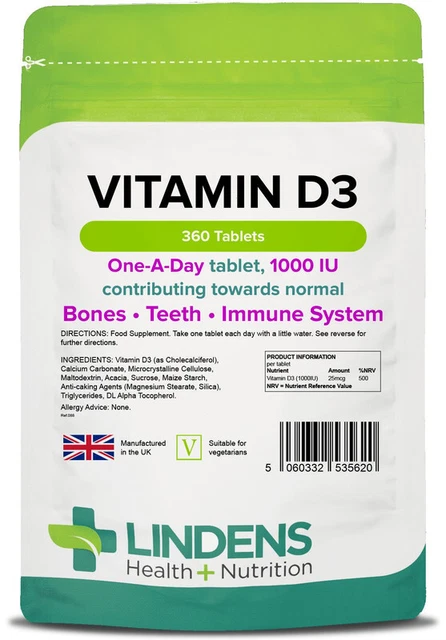 Lindens Vitamin D3 1000iu 360 Tablets D 3 D-3 High Quality Supplement