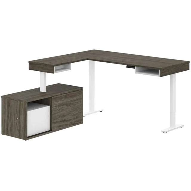Atlin Designs L Shaped Adjustable Standing Desk with Credenza in Walnut Gray