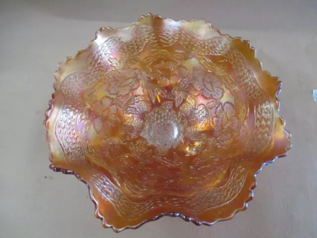 Carnival glass, footed bowl, marigold, Two flowers, large, Fenton