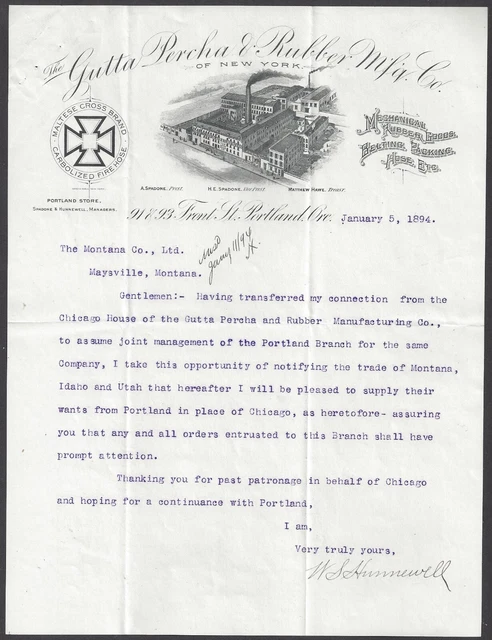 PORTLAND, OREGON ~ GUTTA PERCHA & RUBBER MFG. Co. ~ 1894 ILLUSTRATED LETTERHEAD