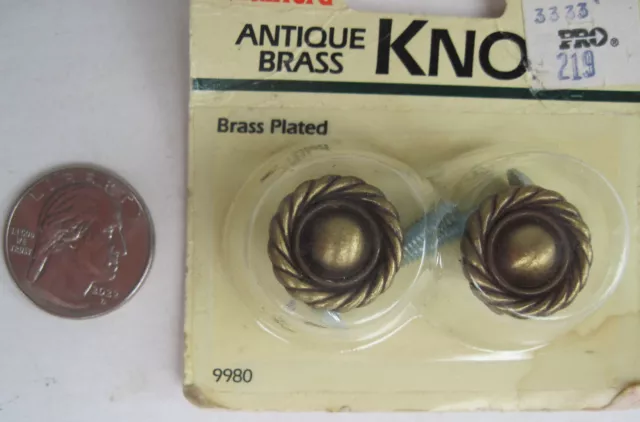 2 Antique Brass Plated Knobs NOS Vintage Round 3/4" Diameter Brainerd Screws USA