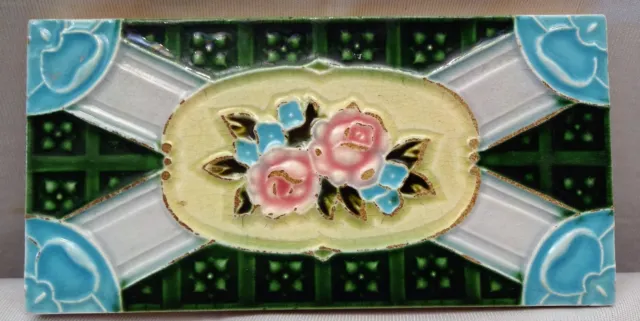 Tile Japan Majolica Art Nouveau F M Vintage Rose Flower Design Collectibles Rare
