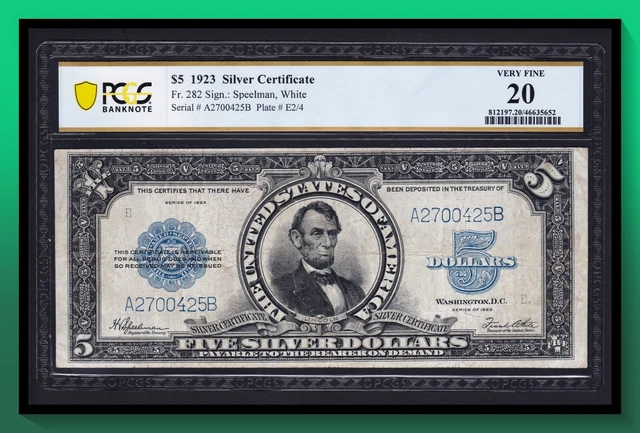Fr. 282 1923 $5 Silver Certificate *PORTHOLE* PCGS 20 VF