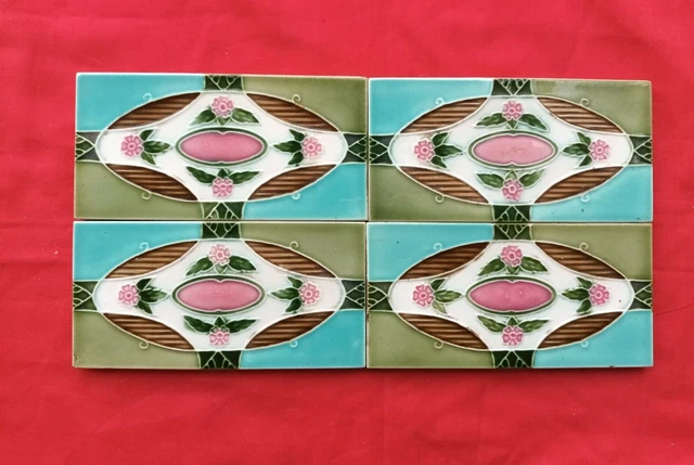 4 Piece Old Art Deco Embossed Design Majolica Ceramic Tiles Japan 0208