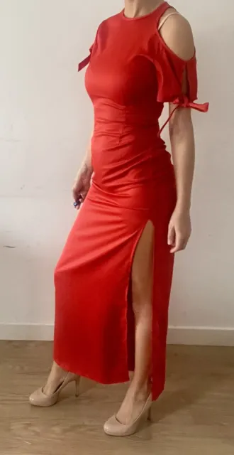 Plain Studios Red Asymmetric Cut Out Shoulder Side Split Maxi Dress Size 6