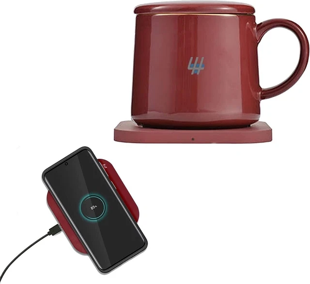Coffee Mug Warmer Red with Fast Wireless Smartphone Charger and Ceramic Lid
