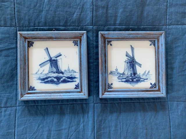 A Lovely pair of Framed Blue & White Delft Tiles Tichelaar Makkum