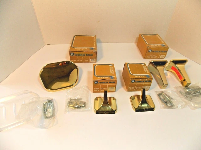 VINTAGE Franklin Brass Bathroom 2 Wall Hooks Soap Dish Towel Holder Gold Color