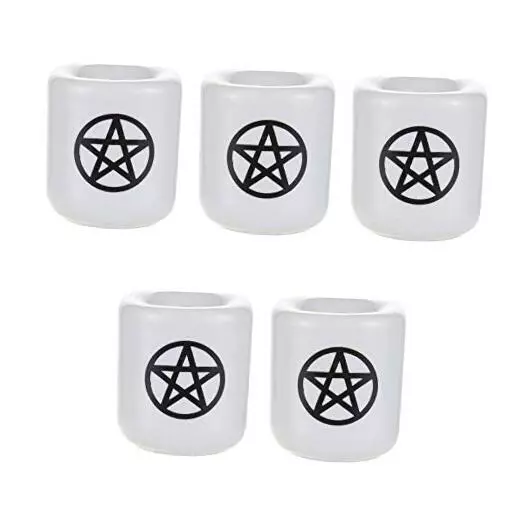 - 5 pcs Ceramic Pentacle Chime Ritual Spell Candle Holder - White Black