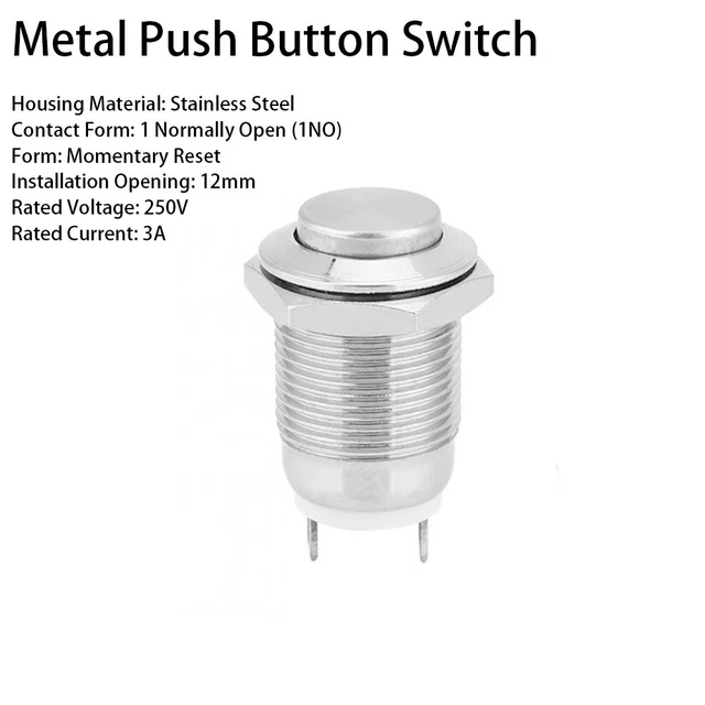 Interruttore pulsante rotondo in metallo 12 mm 250 V 3 A momentaneo power reset acciaio inox